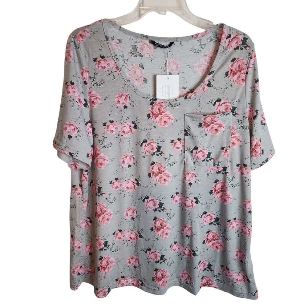 Bloomchic Gray Floral Pocket Tee, NWT, Large